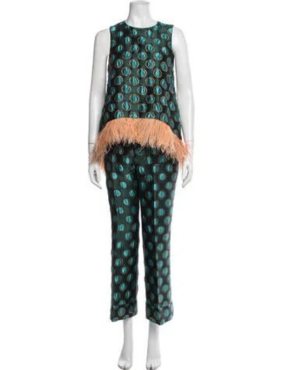 Pre-owned La Doublej Patterned Feather Trim Pant Set In Green