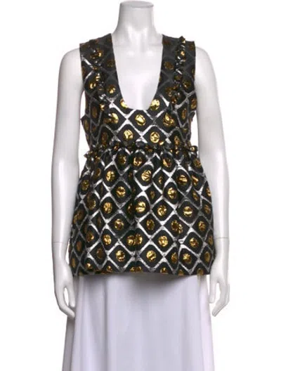 Pre-owned La Doublej Patterned V-neck Top In Black