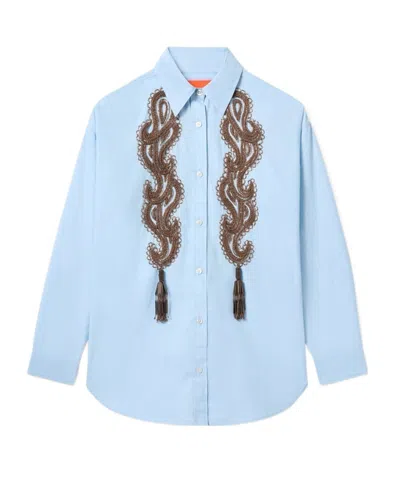 La Doublej Peony Placéee Embroidered Cotton Shirt In Blue
