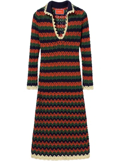 La Doublej Perry Scalloped Striped Cotton Midi Dress In Multicolor Rust & Military