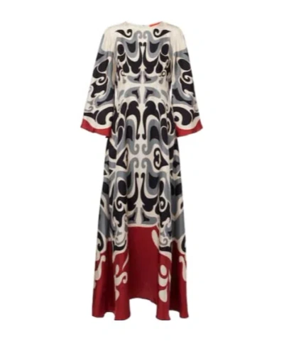 La Doublej Multicolor Long Dress With Round Neck And All Over Motif In Silk Woman
