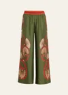 La Doublej Placée Gathered Printed Silk-twill Wide-leg Pants In Dark Green