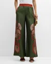 La Doublej Placée Gathered Printed Silk-twill Wide-leg Pants In Dark Green