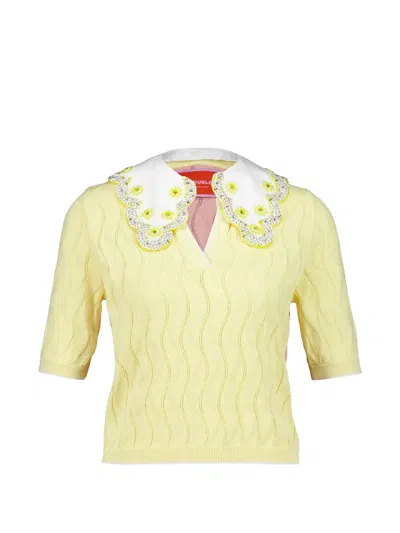 La Doublej Pointelle-knit Embroidered-collar T-shirt In Yellow