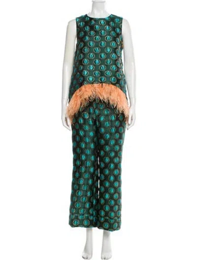 Pre-owned La Doublej Polka Dot Print Feather Trim Pant Set In Green
