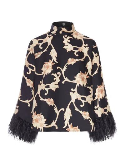 La Doublej Printed Blouse With High Collar And Feather Cuffs In Black