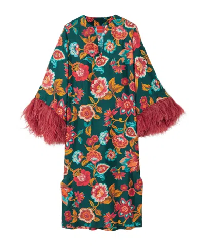 La Doublej Feather-trimmed Floral-print Silk-twill Kaftan In Multi