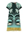La Doublej Swing Printed Feather-trimmed Silk-twill Mini Dress In Multi