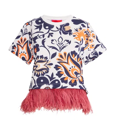 LA DOUBLEJ PRINTED FEATHER-TRIM TOP