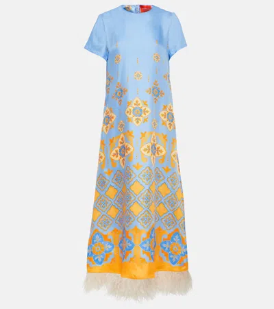 La Doublej Printed Feather-trimmed Silk Maxi Dress In Blau