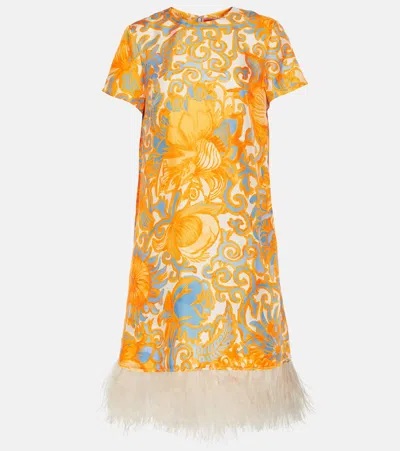 La Doublej Printed Feather-trimmed Silk Minidress In Yellow
