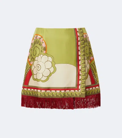 La Doublej Printed Fringe-trimmed Silk Miniskirt In Green