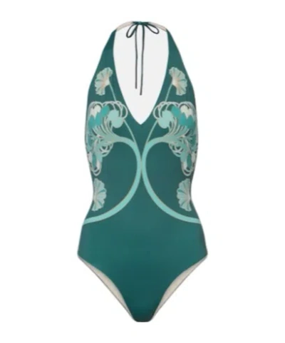 La Doublej Printed Halterneck Swimsuit In Green