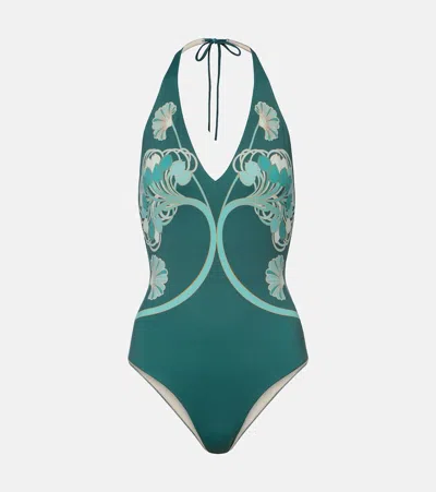 La Doublej Printed Halterneck Swimsuit In Green