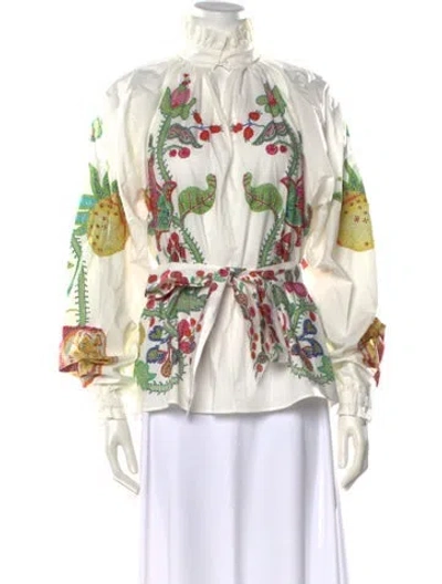 Pre-owned La Doublej Printed Long Sleeve Blouse In White