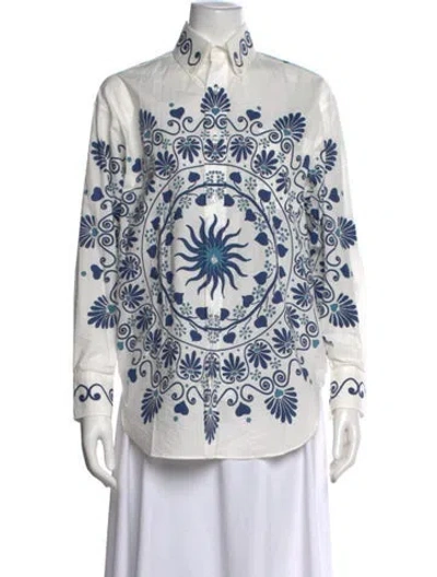 Pre-owned La Doublej Printed Long Sleeve Button-up Top In White