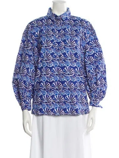 Pre-owned La Doublej Printed Mock Neck Blouse In Blue