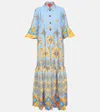 La Doublej Printed Ruffled Silk Maxi Dress In Blue