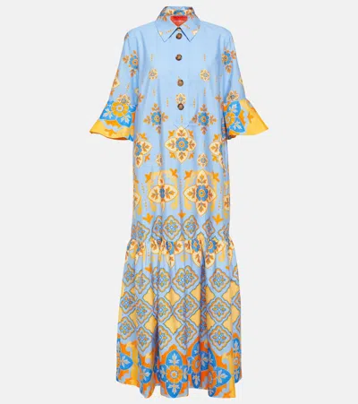 La Doublej Printed Ruffled Silk Maxi Dress In Blue