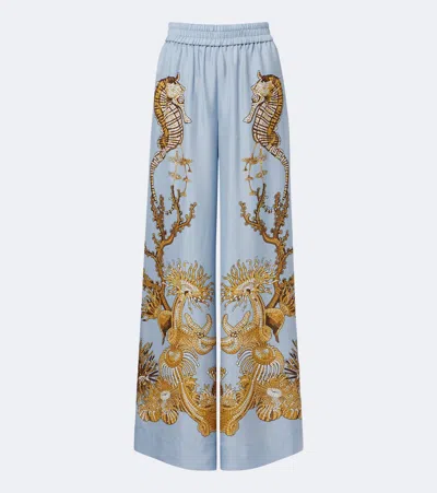 La Doublej Printed Silk Palazzo Pants In Blue