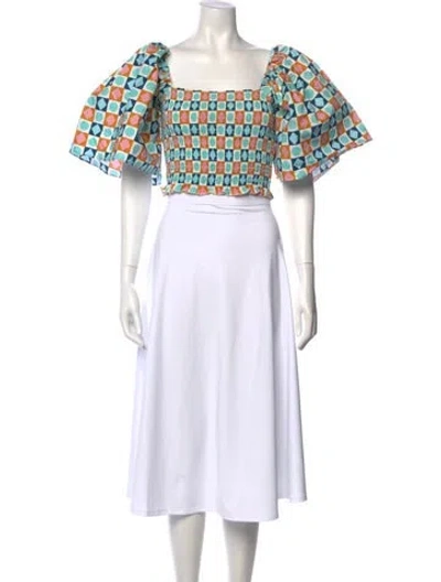 Pre-owned La Doublej Printed Square Neckline Crop Top In Blue