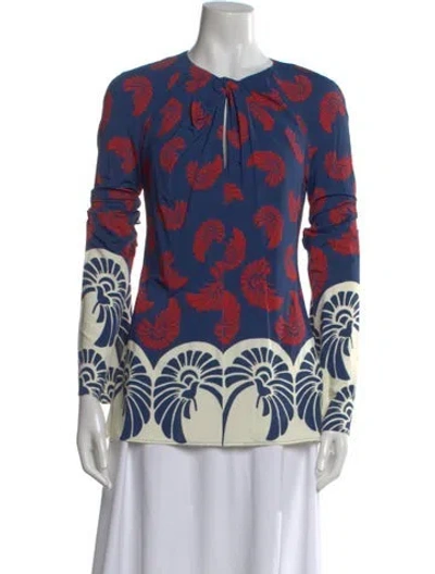 Pre-owned La Doublej Printed Tie Neck Blouse In Blue