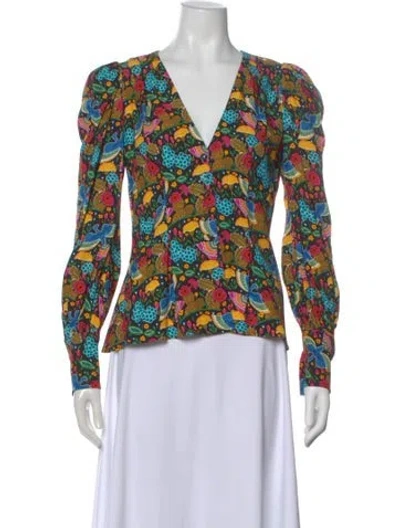Pre-owned La Doublej Printed V-neck Blouse In Black
