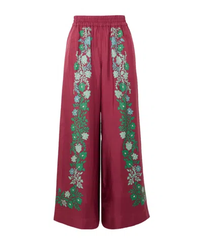 La Doublej Palazzo Printed Silk Wide-leg Pants In Burgundy