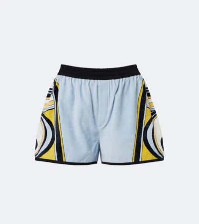 La Doublej Pull-up Printed Cotton Terry Shorts In Blue