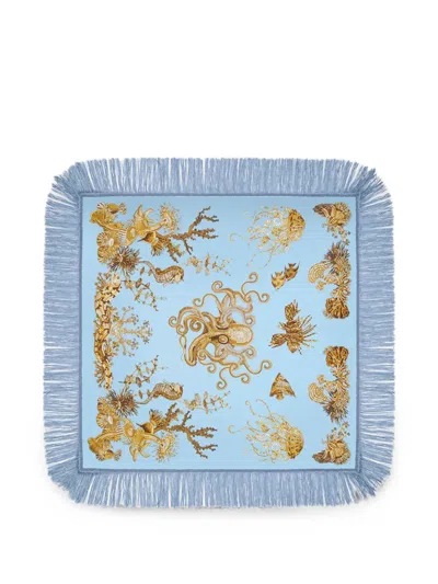 La Doublej Reversible Fringe Foulard 90 In Blue