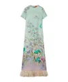 La Doublej Swing Green Midi Dress With Feathered Hem And All-over Floral Print In Silk Woman In Gray