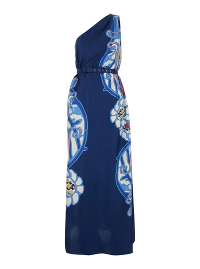 La Doublej Roy Multicolor Silk Long Dress With Elastic Belt On The Front And All-over Floral Print Woman