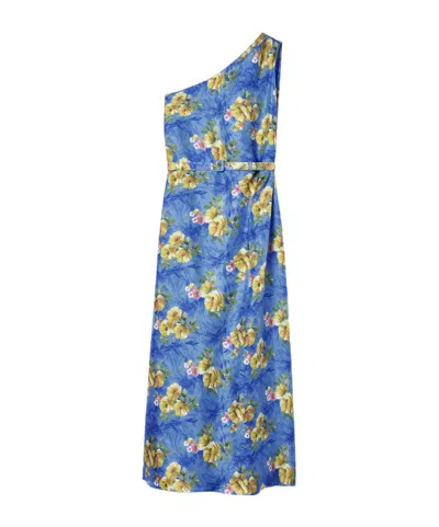 La Doublej Roy One-shoulder Floral-print Midi Dress In Blue
