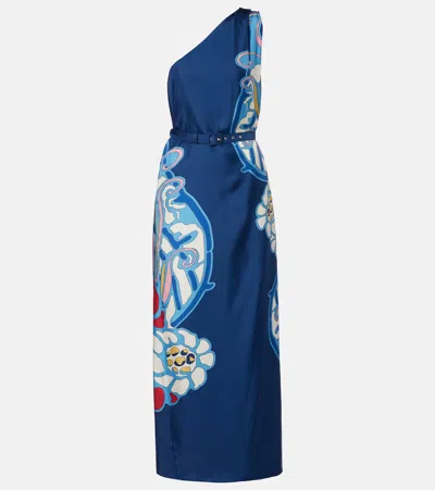 La Doublej Roy Printed One-shoulder Silk Twill Maxi Dress In Blue