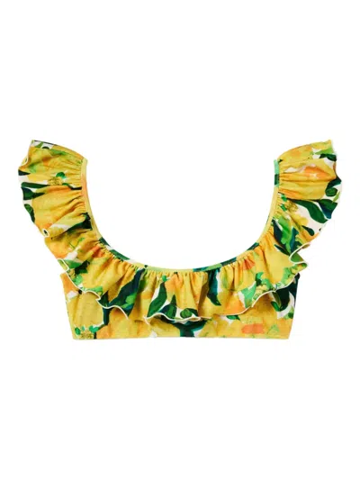 La Doublej Ruffled Floral Bikini Top In Yellow