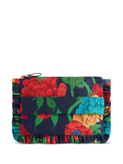 La Doublej Ruffled Floral Print Clutch Bag In Black