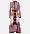 La Doublej Long-sleeved Patterned Silk Midi Day Dress In Purple