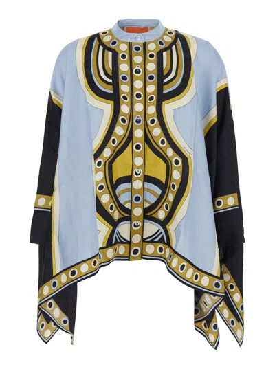 La Doublej Sanctuary Motif Silk Mandarin-collar Shirt With Button Front In Blue