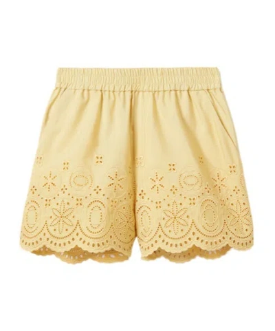 La Doublej Scalloped Broderie Anglaise-trimmed Cotton-poplin Shorts In Yellow