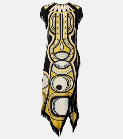 La Doublej Scarf Fringed Printed Silk Voile Midi Dress In Multi