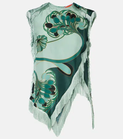 La Doublej Scarf Fringed Printed Silk Voile Top In Green