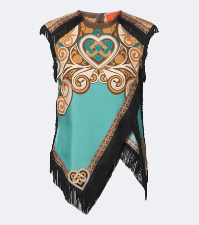 La Doublej Scarf Printed Fringed Silk Top In Blue