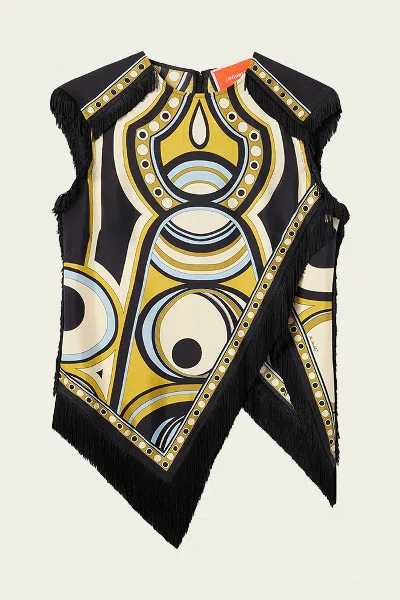 La Doublej Scarf Fringed Printed Silk Voile Top In Black