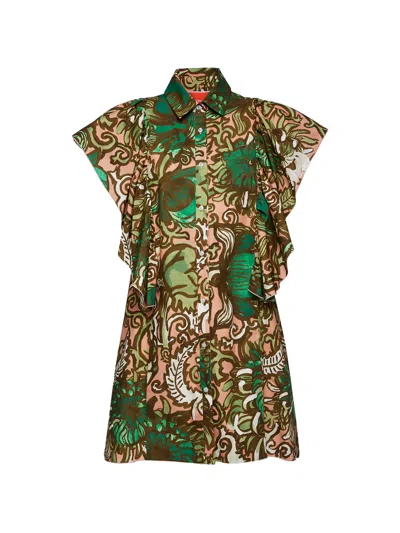 La Doublej Scooter Ruffled Cotton Mini Dress In Brown