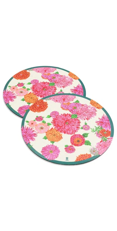La Doublej Set Of 2 Disk Placemats Bright Blooms In Pink