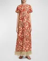 La Doublej Swing Feather-trimmed Printed Silk-twill Maxi Dress In Medium Beige