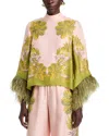 La Doublej Make An Exit Feather-trimmed Silk Twill Top In Multi