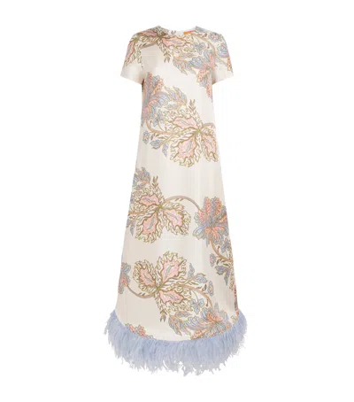 La Doublej Silk Feather-trimmed Maxi Swing Dress