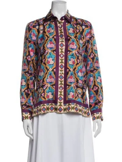 Pre-owned La Doublej Silk Floral Print Blouse In Blue