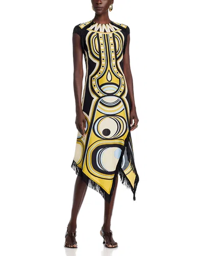 La Doublej Fringed Printed Silk-voile Mini Dress In Yellow